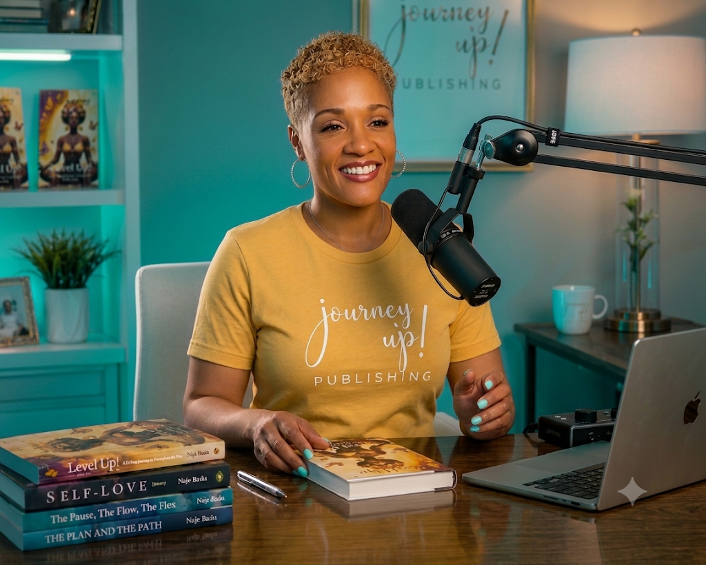 Naje Badu Love at her Journey Up! Publishing podcast desk with her books