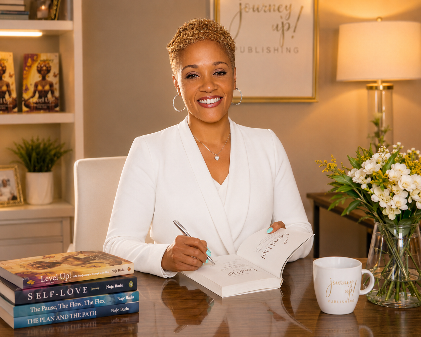 Naje Badu Love signing copies of her book Level Up!