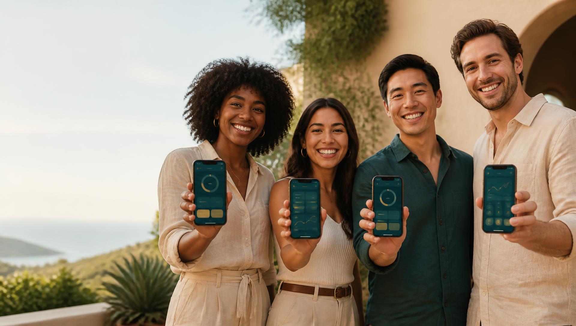 Members of different backgrounds holding phones showing the Journey Up! app dashboard