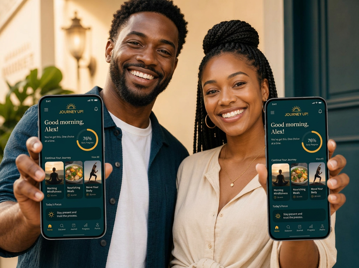 A smiling man and woman holding phones showing the Journey Up! dashboard